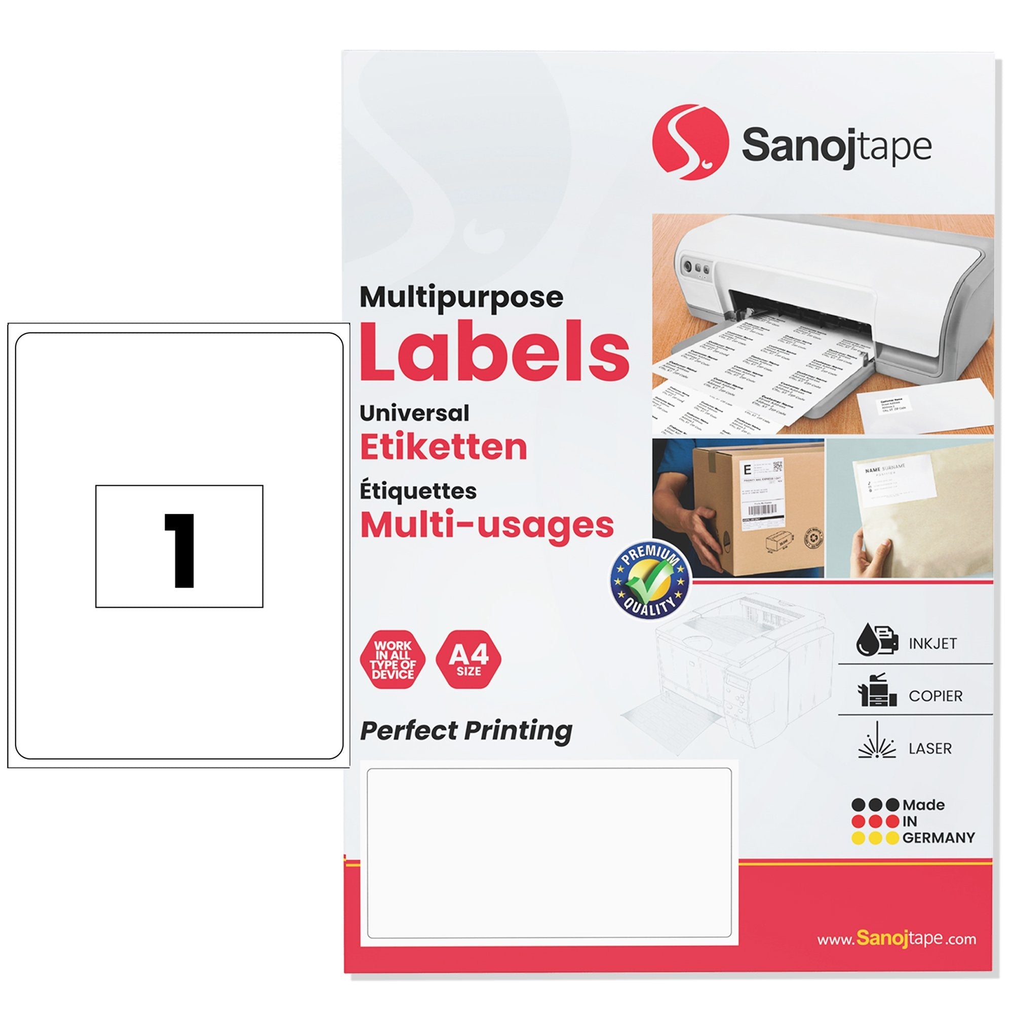 1 etiketter per A4-ark - Sanojtape SE